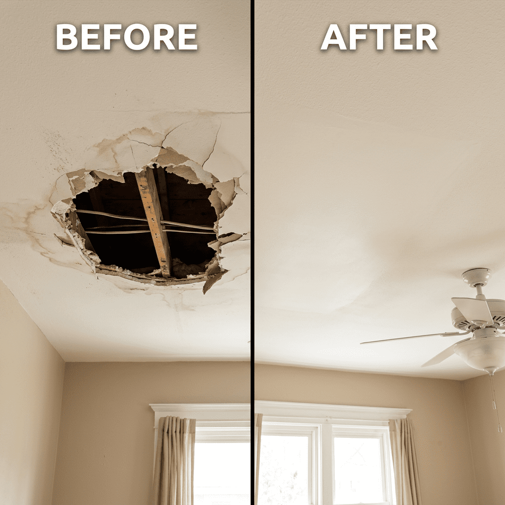 Before and after images showing a large hole and water damage in ceiling, and the same ceiling repaired and restored